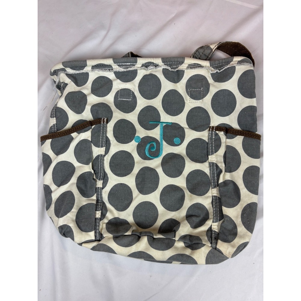 Thirty-One Retro Metro Tote Bag Grey Polka Dot Initial J Canvas Shoulder Bag